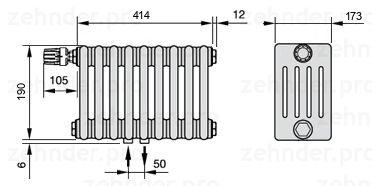 Схема (чертеж) Радиатор Zehnder Charleston 5019/9 №V007 Белый глянцевый RAL 9016